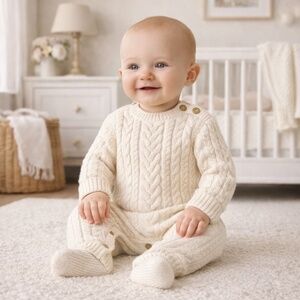 GAP Cream Cotton Cable Knit Sweater One-Piece Cozy 6-12M